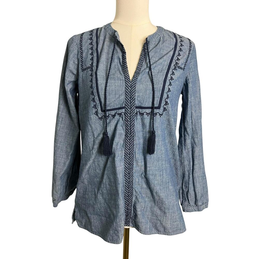 J.Crew Mercantile Blouse Womens XS Blue Embroidered Tassel Tunic Top Boho